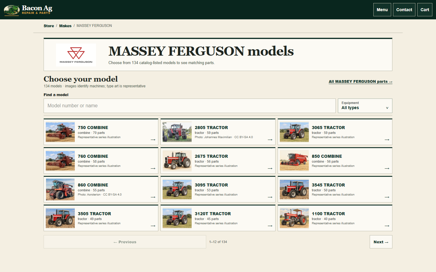 Bacon Ag Repair stage page listing Massey Ferguson equipment models and a model search