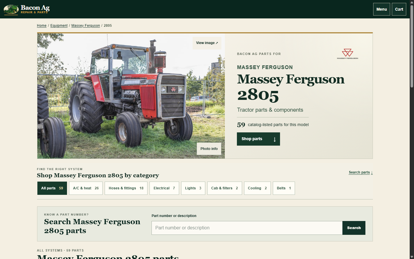 Bacon Ag Repair stage page for Massey Ferguson 2805 parts, with equipment photo, categories, and search