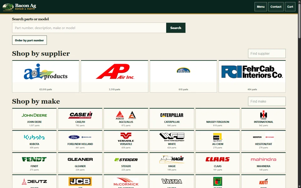 Bacon Ag Repair prelaunch catalog showing equipment makes and parts search