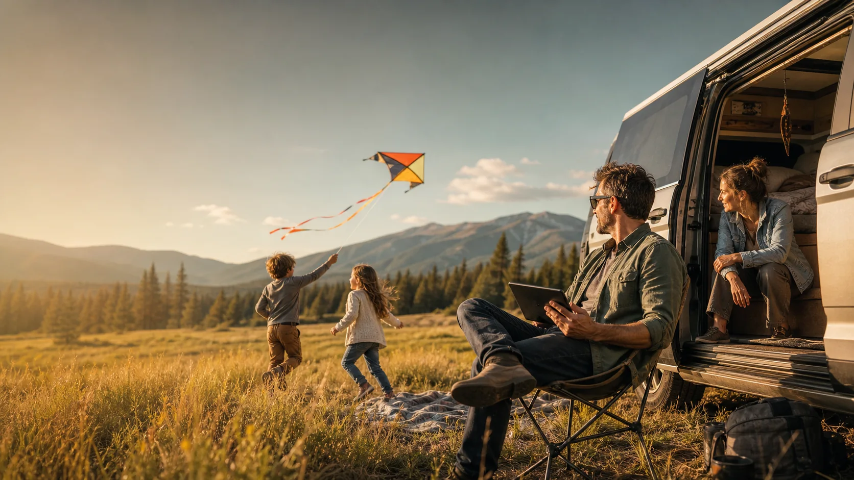 Illustrative Kenneth campaign scene with a family, camper, and mountain meadow