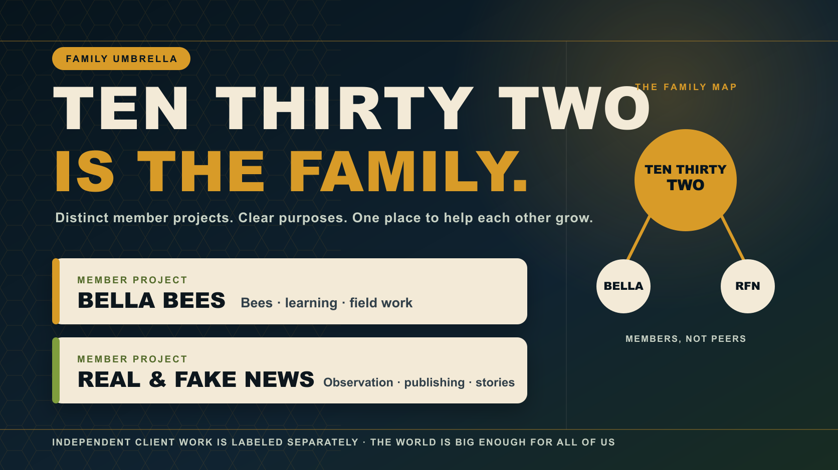 Ten Thirty Two family with member projects Bella Bees and Real & Fake News